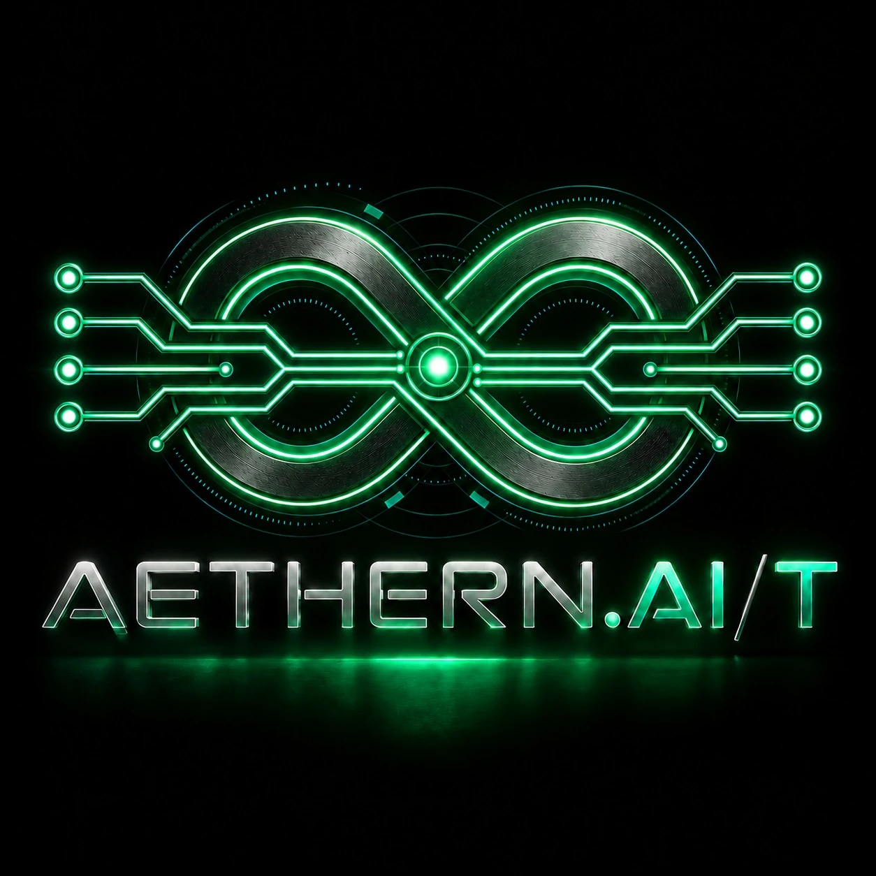 The Aethern.AI/T logo: an infinity loop wired like a circuit board, in green light on black